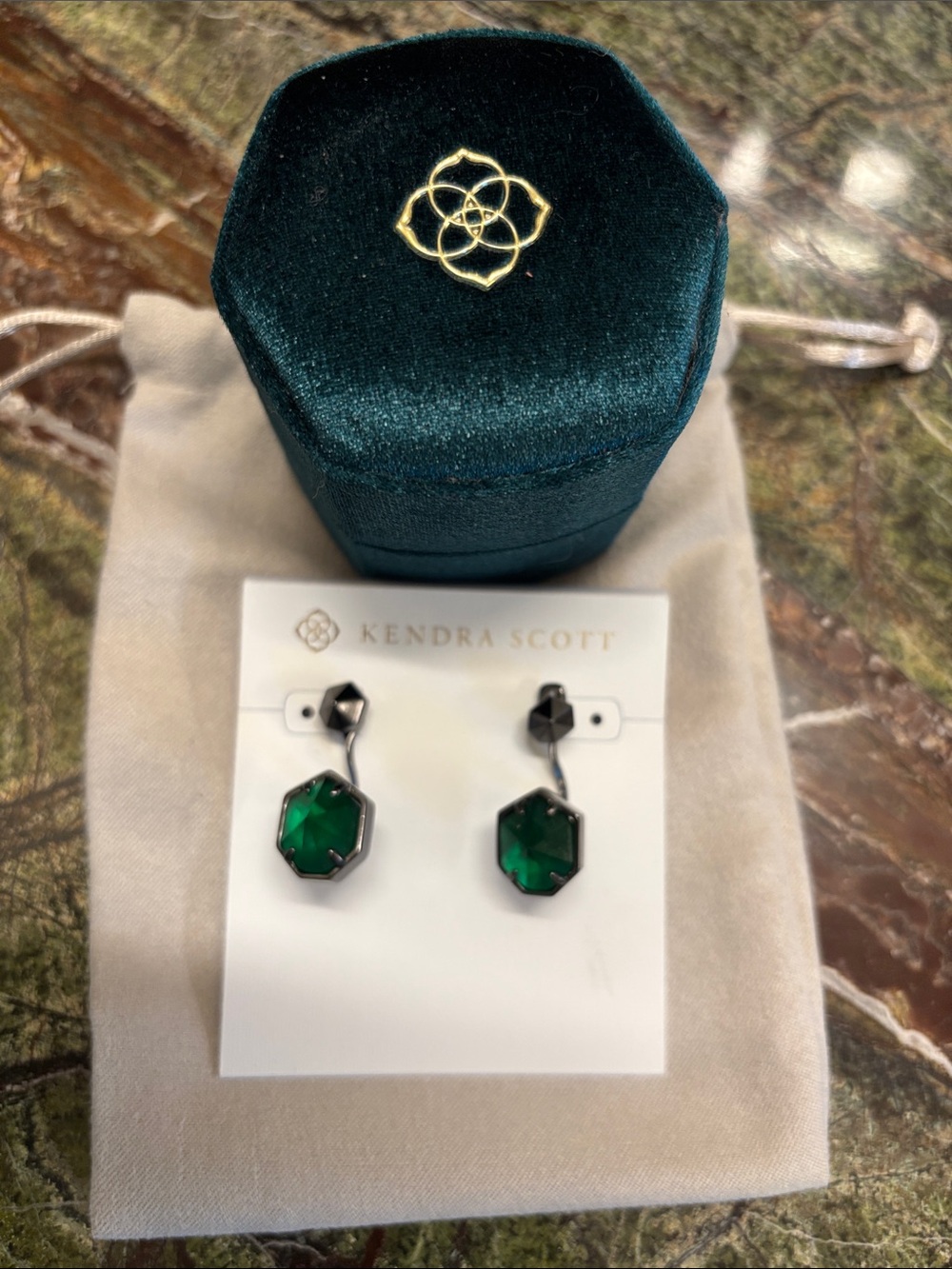 Kendra Scott Dark Green Faceted Hex Drop Earrings